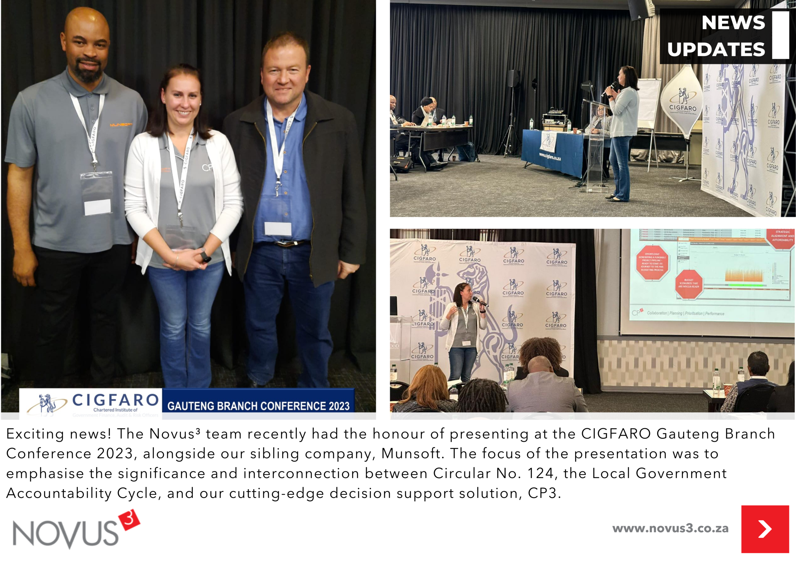 Novus³ presents at CIGFARO, highlighting the link between of Circular No. 124, the Local Government Accountability Cycle, and decision support systems, like CP³.